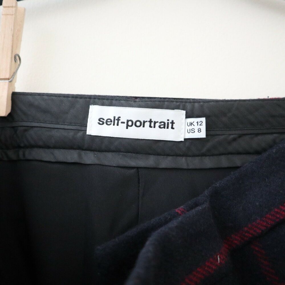 Self Portrait Size 8 Wool Blend High Rise Check Trousers Plaid Wide Leg Pant - Picture 4 of 11